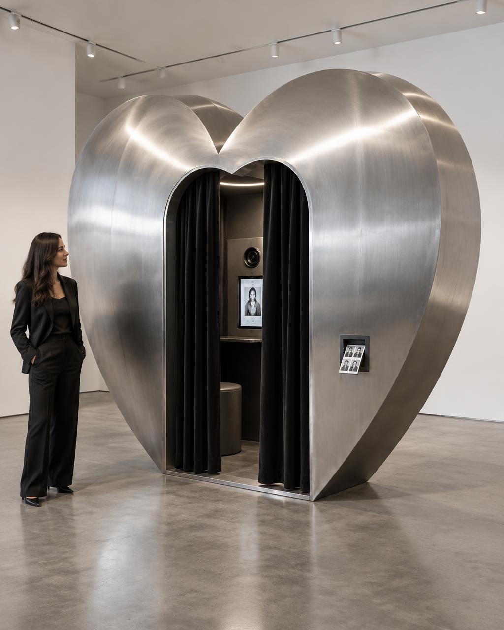 Concept render of a brushed-metal heart-shaped photo booth with curtain entrance