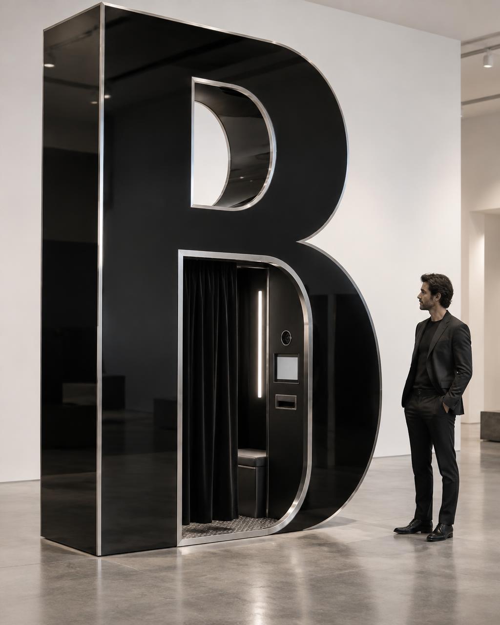 Concept render of a monumental letter B with an enclosed photo booth inside